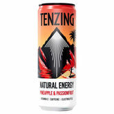 A 330ml can of Tenzing - Natural Energy Drink Pineapple & Passion, with a label showing a stylized mountain and tropical scenes.